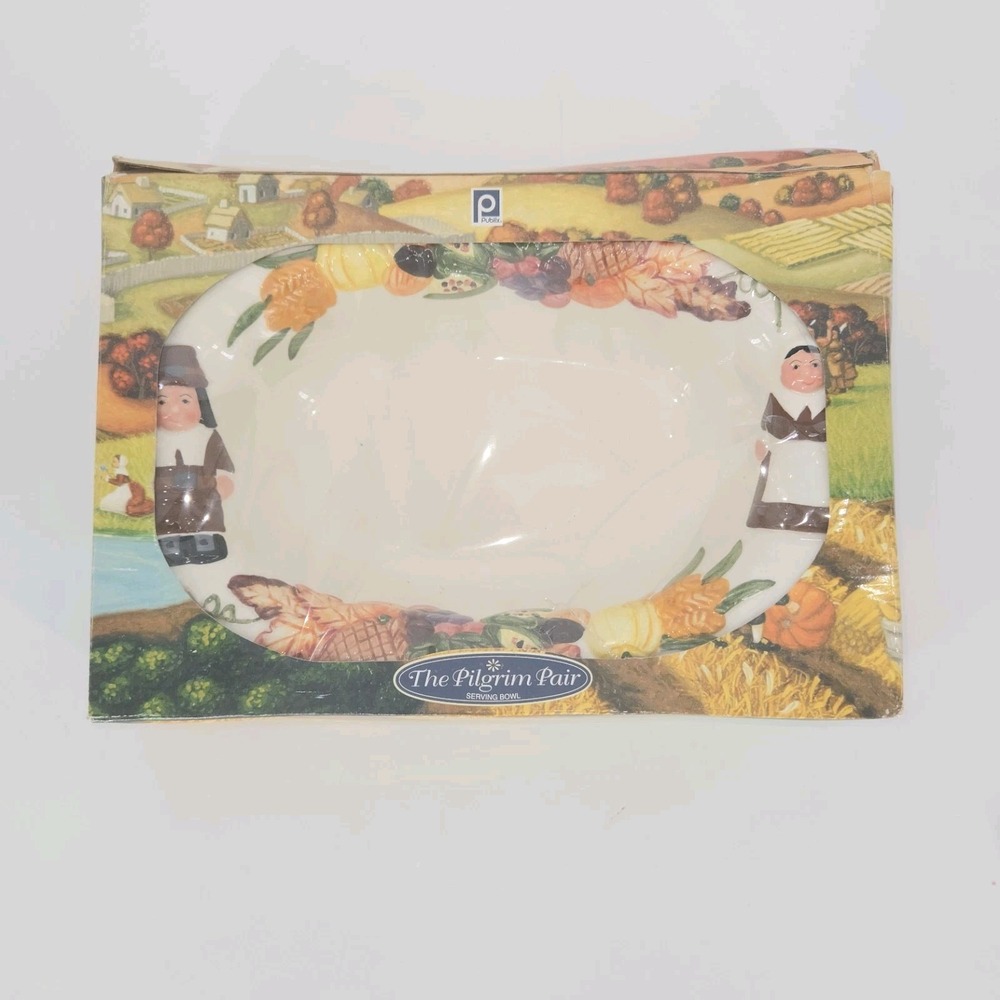 Pilgrim Pair Thanksgiving Platter Oval Harvest Pumpkin Leaf Serving Tray Box 12"